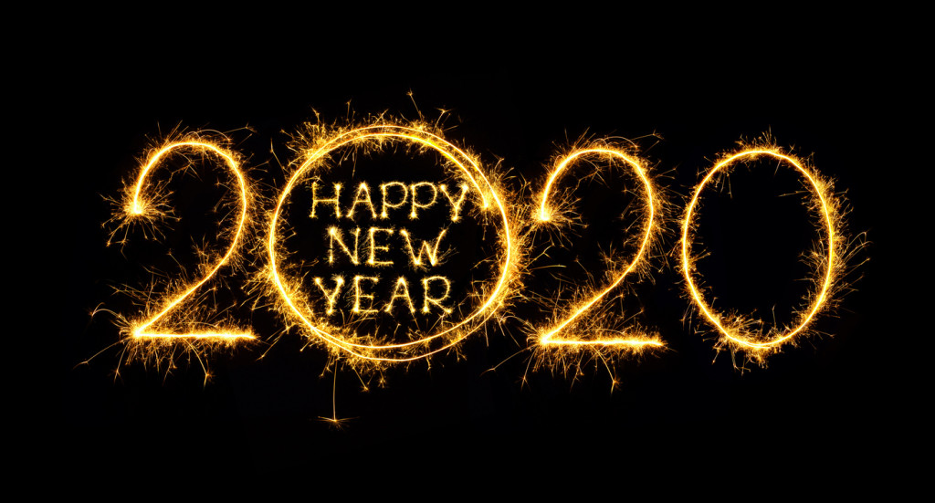 Happy New Year 2020. Creative text Happy New Year 2020 written sparkling sparklers isolated on black background for design. Beautiful Glowing overlay template for holiday greeting card.